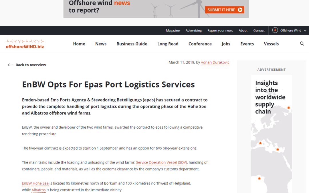 Offshorewind.biz: EnBW Opts For Epas Port Logistics Services